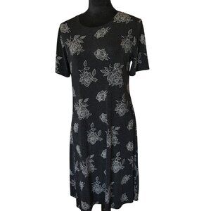 Black Floral Midi Dress Teddi Dresses, Vintage Lightweight Flowy Shift Size 10